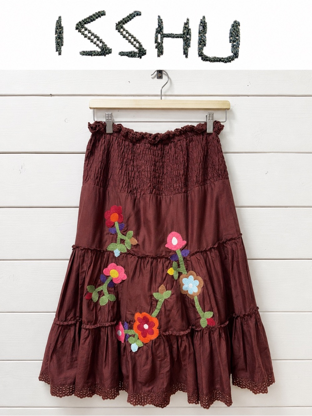 ISSHU Boho Floral Embroidered Tiered Skirt – Size Small
